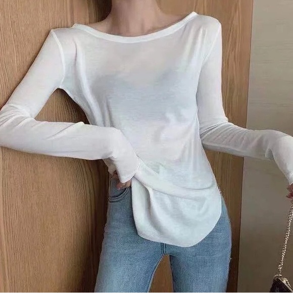 Sexy top long sleeve t-shirt basic slit sheer army green black white - Picture 4 of 16